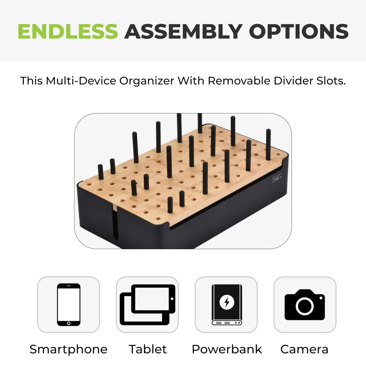 Prosumer's Choice Bamboo Charging Station Organizer for Multiple Devices - Metal & Bamboo Black 32cm (12.6") | Holds Power Strips & Cables - view 5