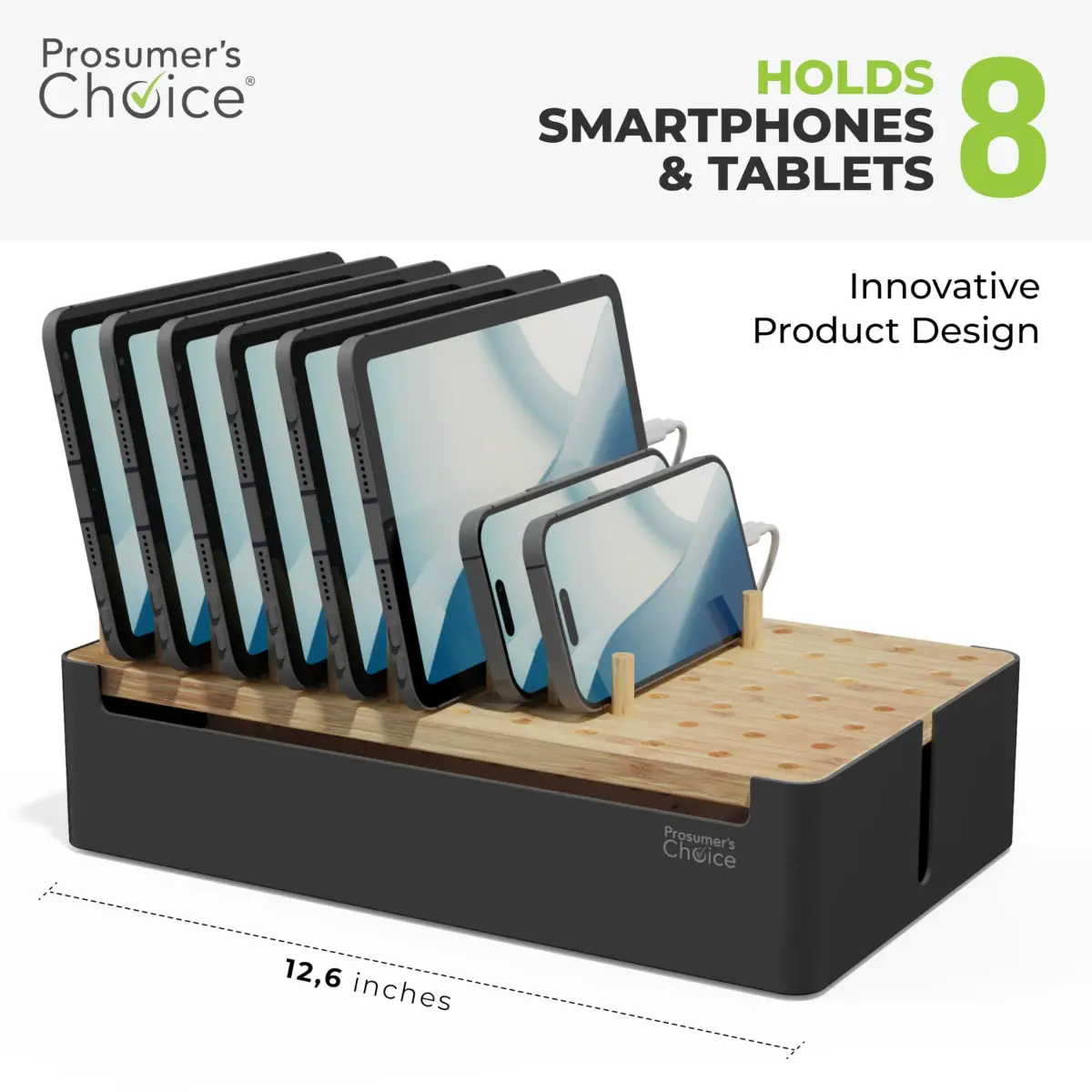 Prosumer's Choice Bamboo Charging Station Organizer for Multiple Devices - Metal & Bamboo Black 32cm (12.6") | Holds Power Strips & Cables - view 4