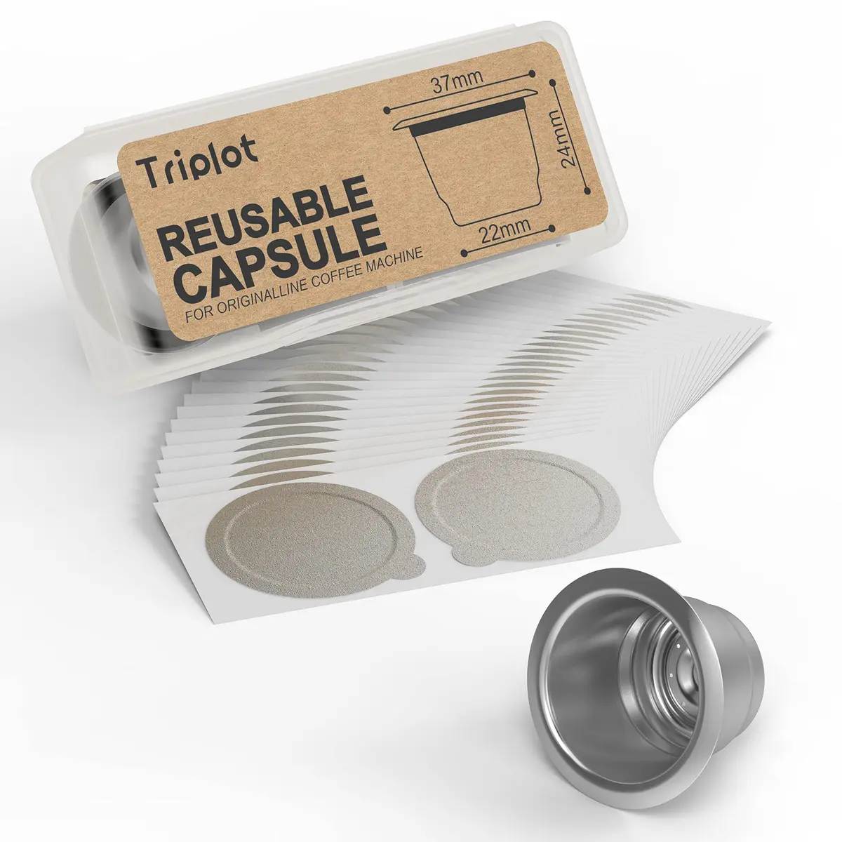 Triplot Reusable Coffee Pods for Nespresso OriginalLine (1 Capsule + 50 Lids) | Stainless Steel Filter - main product image