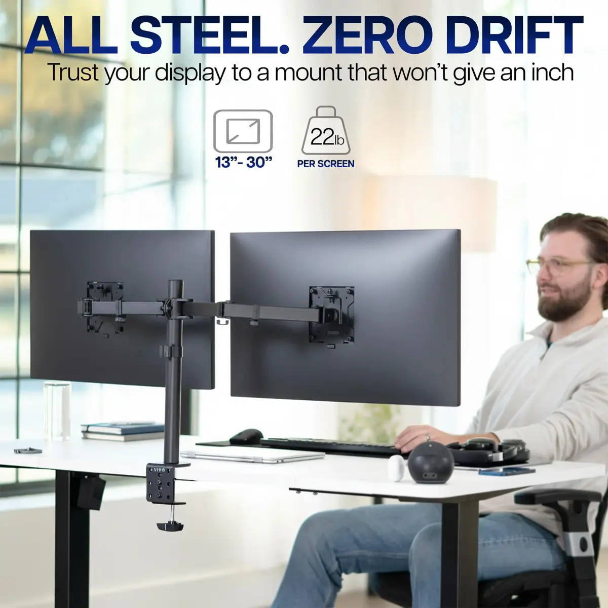 VIVO Dual Monitor Desk Mount STAND-V032 | Heavy Duty Adjustable Stand for 2 LCD LED Screens up to 32 inches, 22 lbs Each, Black - view 2
