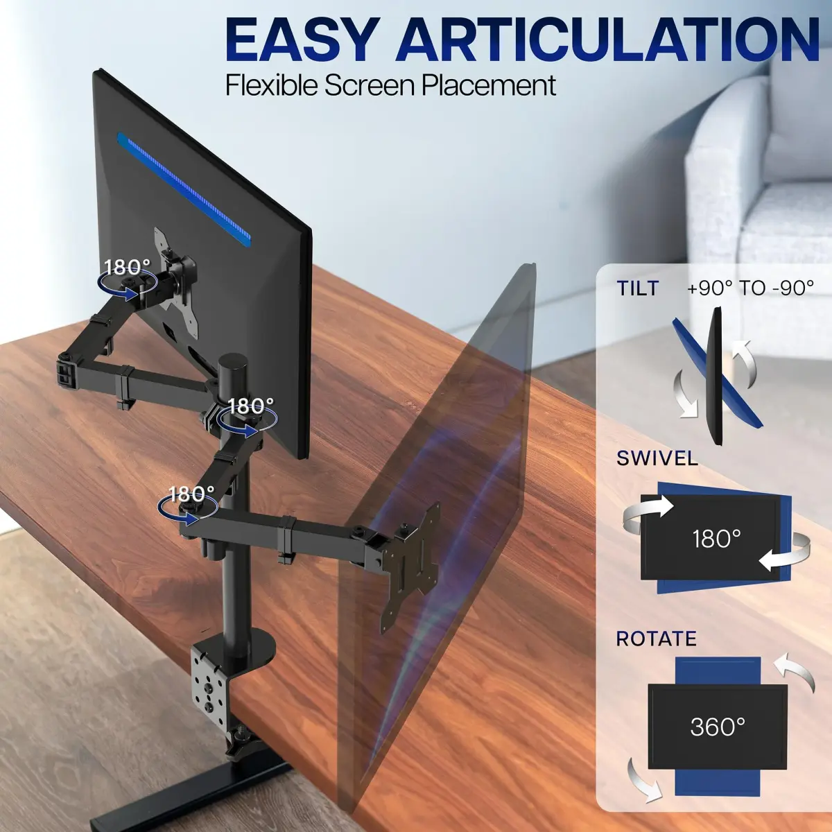 VIVO Dual Monitor Desk Mount STAND-V032 | Heavy Duty Adjustable Stand for 2 LCD LED Screens up to 32 inches, 22 lbs Each, Black - view 3
