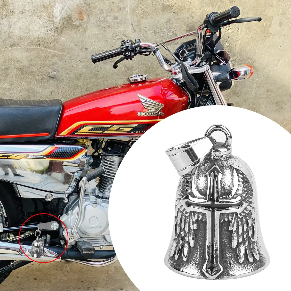 Omoojee Cross Wing Motorcycle Biker Bell Accessory, Black Cross | Unique 3D Design & Universal Fit - view 5