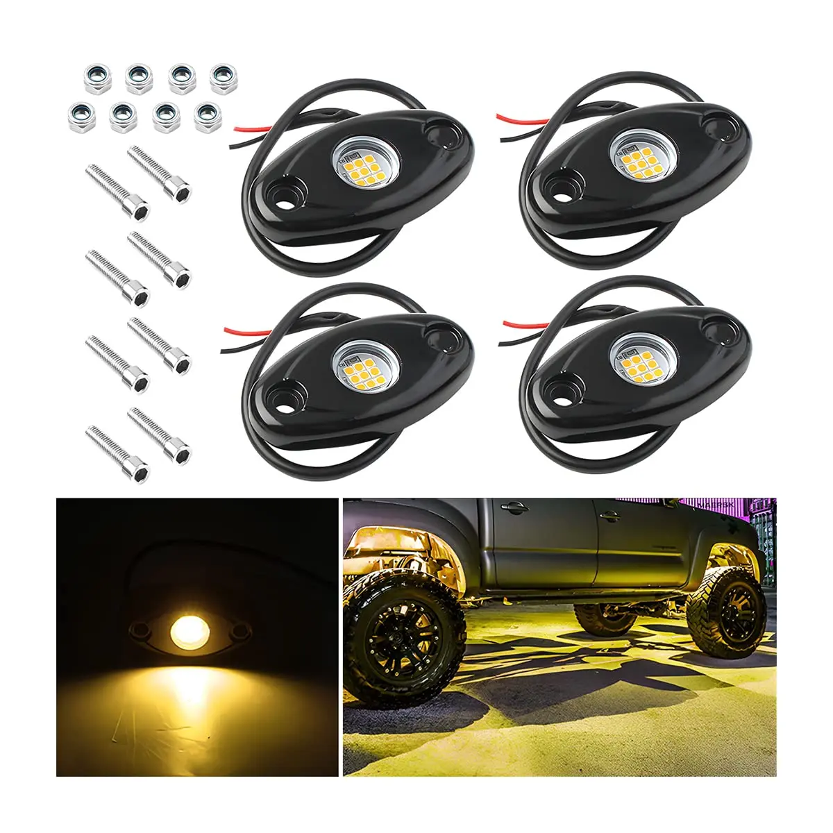 AICEL Vehicle Light Assembly 4 Pods LED RGB Underglow Kit, Yellow | IP68 Waterproof, Aluminum Alloy, 10-14V - main product image