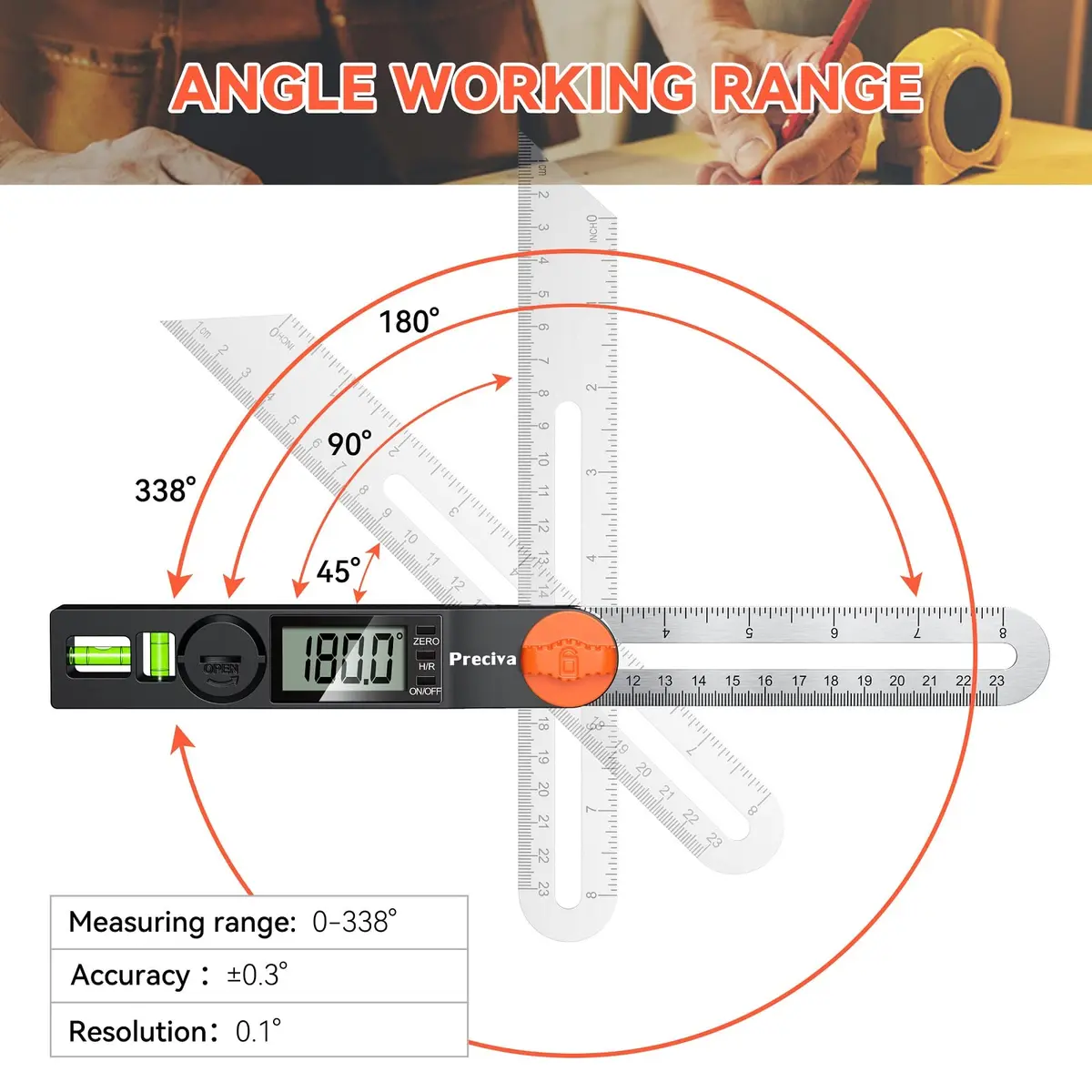 Preciva Digital Angle Finder & Protractor 8inch | High Accuracy for Carpentry & Metalwork - view 3
