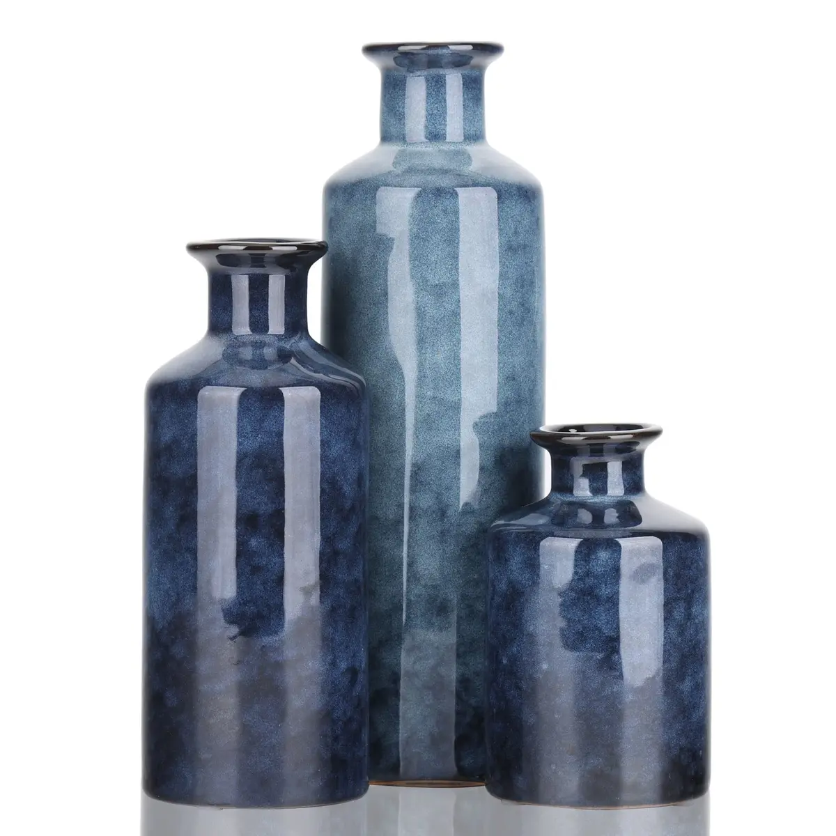 QIANLING Blue Ceramic Vase Set - 3 Vases (10" H, 7.5" H, 5" H) | Modern Farmhouse Decor - main product image