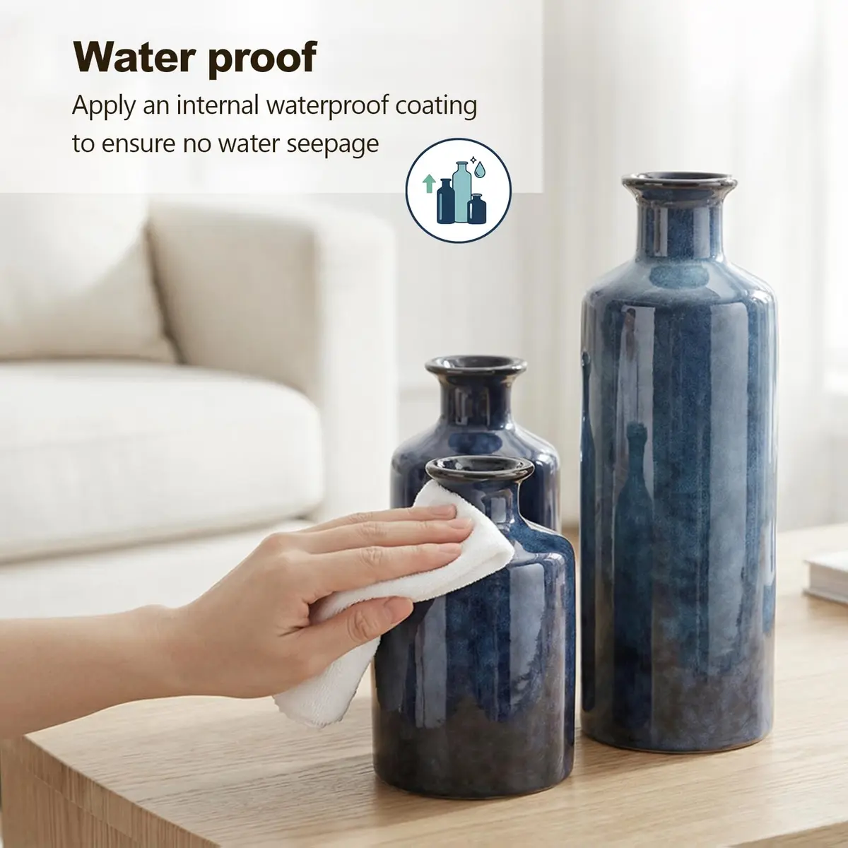 QIANLING Blue Ceramic Vase Set - 3 Vases (10" H, 7.5" H, 5" H) | Modern Farmhouse Decor - view 5