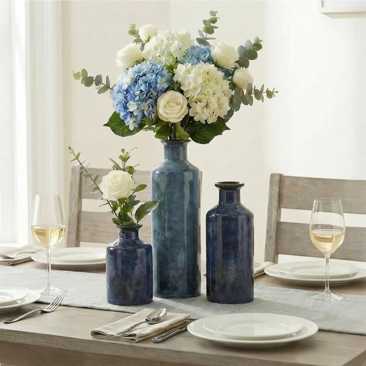 QIANLING Blue Ceramic Vase Set - 3 Vases (10" H, 7.5" H, 5" H) | Modern Farmhouse Decor - view 6