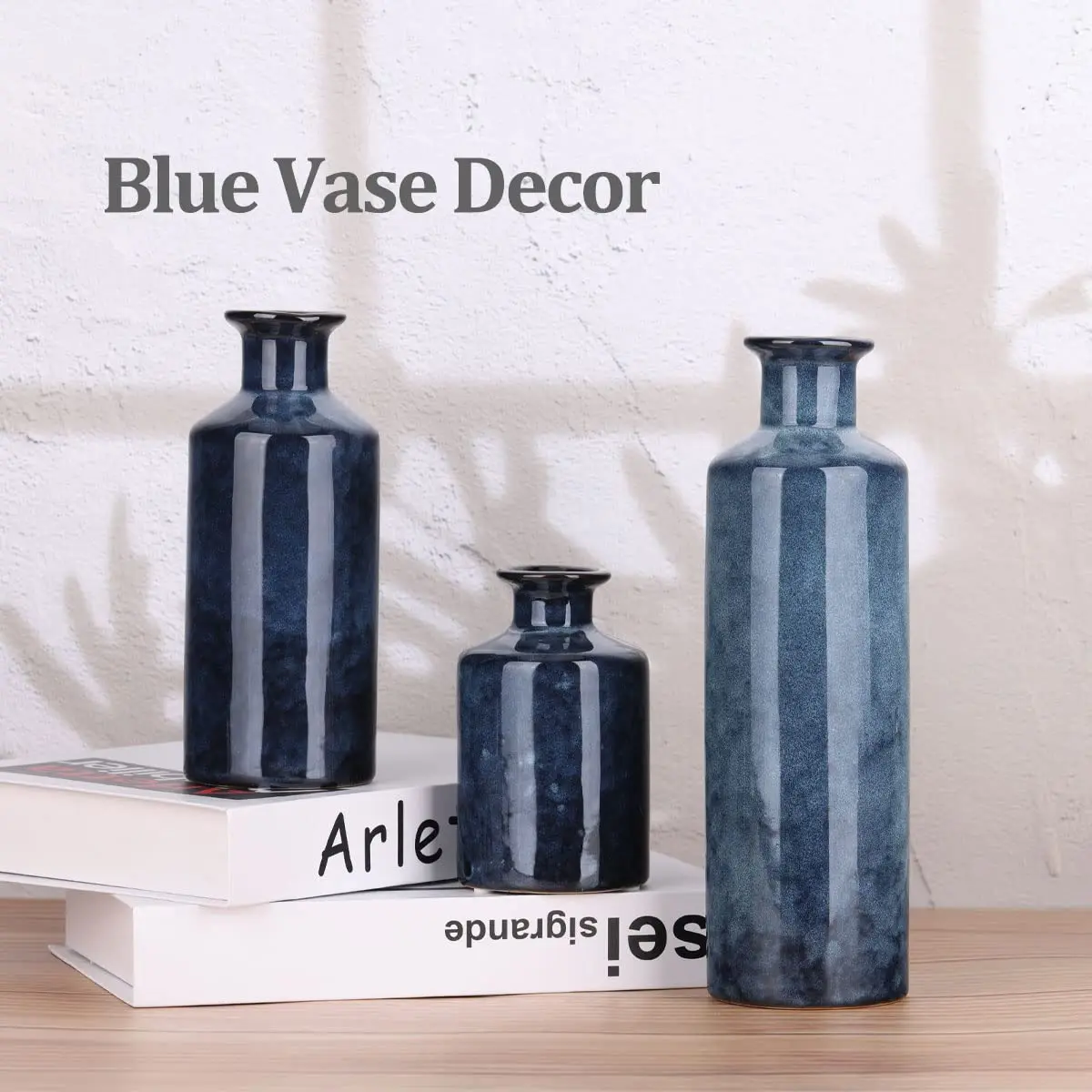QIANLING Blue Ceramic Vase Set - 3 Vases (10" H, 7.5" H, 5" H) | Modern Farmhouse Decor - view 8