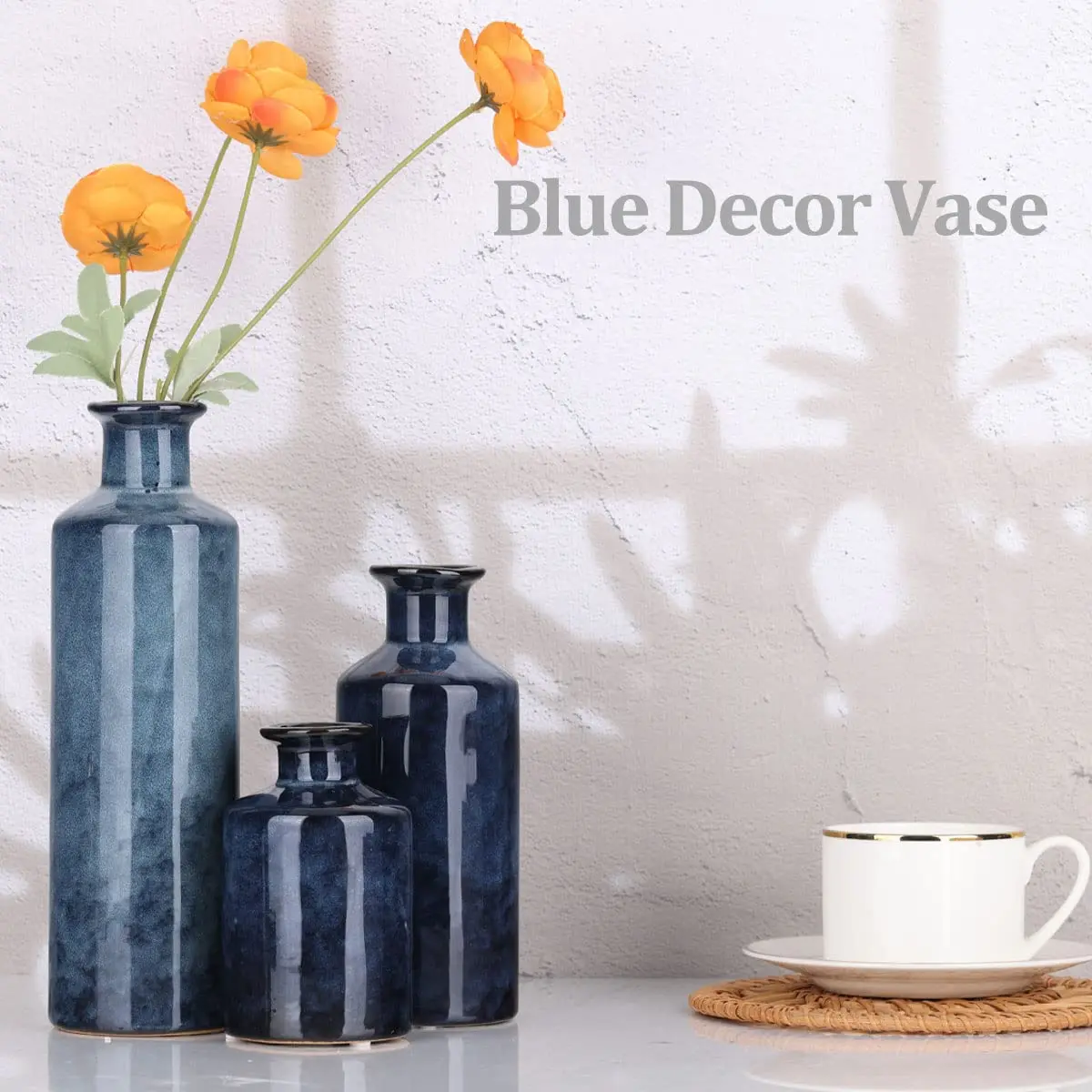 QIANLING Blue Ceramic Vase Set - 3 Vases (10" H, 7.5" H, 5" H) | Modern Farmhouse Decor - view 9
