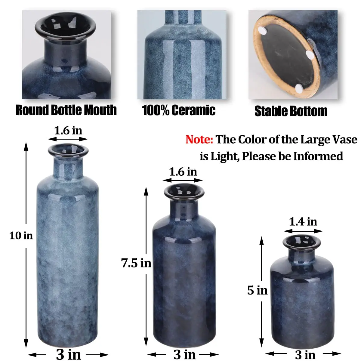 QIANLING Blue Ceramic Vase Set - 3 Vases (10" H, 7.5" H, 5" H) | Modern Farmhouse Decor - view 2