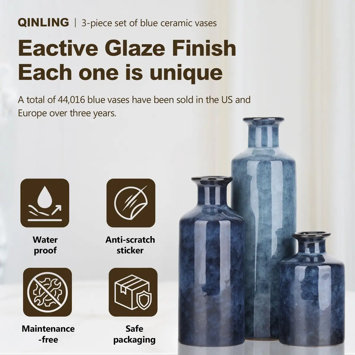 QIANLING Blue Ceramic Vase Set - 3 Vases (10" H, 7.5" H, 5" H) | Modern Farmhouse Decor - view 3