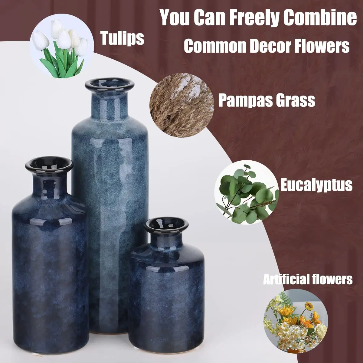 QIANLING Blue Ceramic Vase Set - 3 Vases (10" H, 7.5" H, 5" H) | Modern Farmhouse Decor - view 4