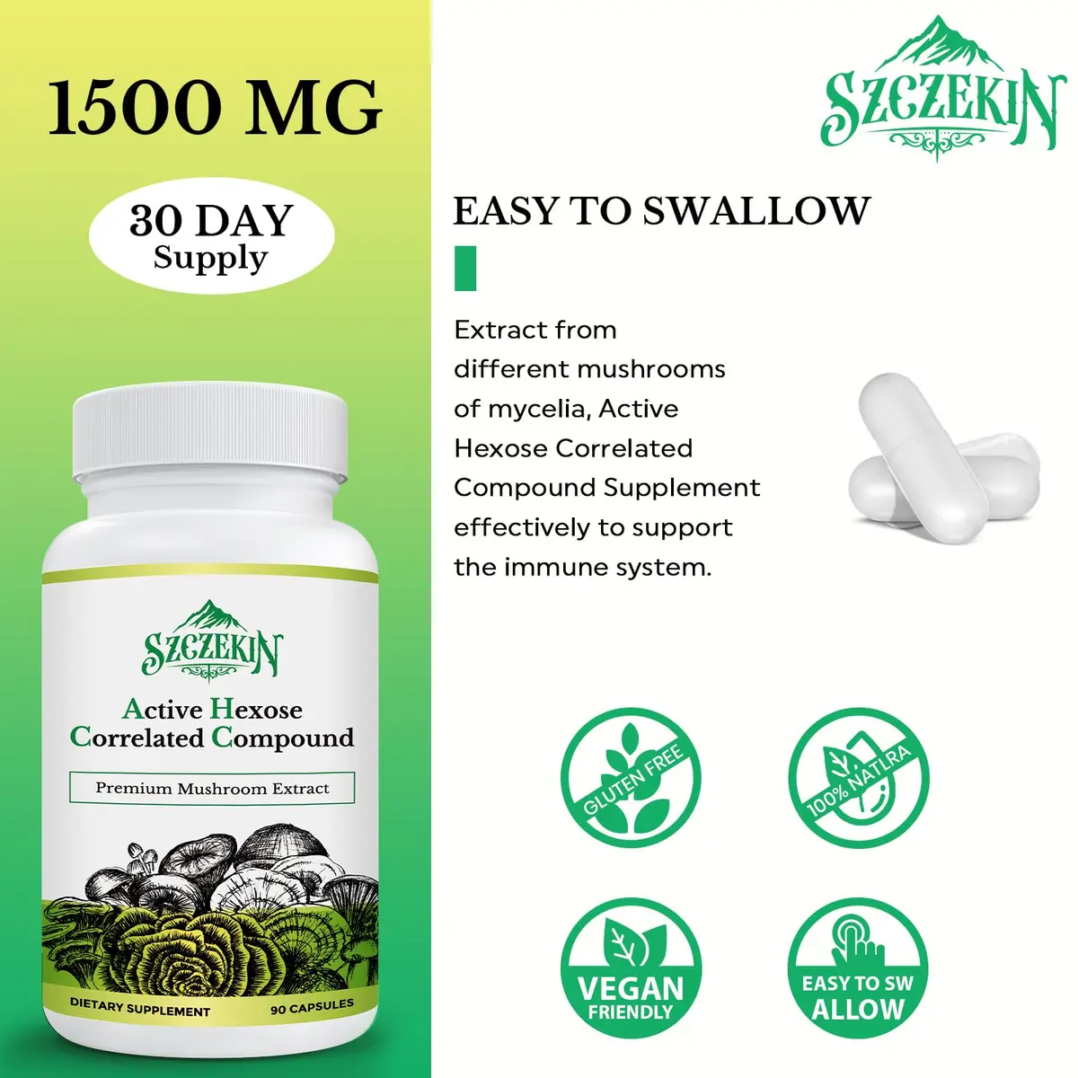 SZCZEKIN Active Hexose Correlated Compound 1500 mg Supplement | Immune & Liver Support with Mushroom Extracts (90 Veggie Capsules) - view 4