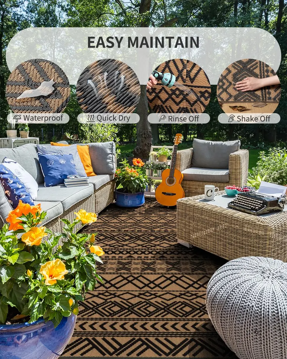 MontVoo Outdoor Rug Carpet Waterproof 6x9ft | Reversible Plastic Straw Boho Design for Patio & RV - view 2