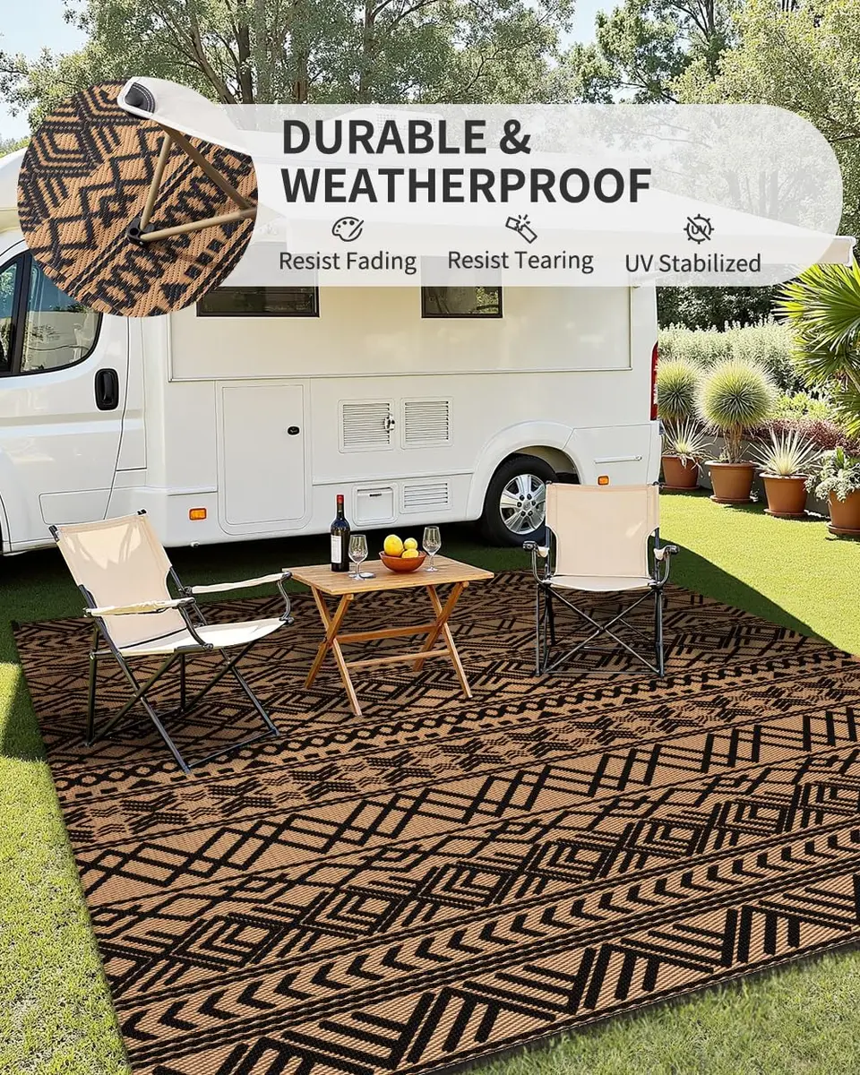 MontVoo Outdoor Rug Carpet Waterproof 6x9ft | Reversible Plastic Straw Boho Design for Patio & RV - view 3