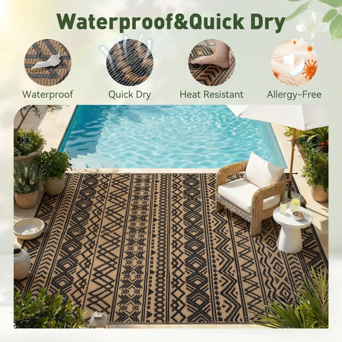 MontVoo Outdoor Rug Carpet Waterproof 6x9ft | Reversible Plastic Straw Boho Design for Patio & RV - view 4