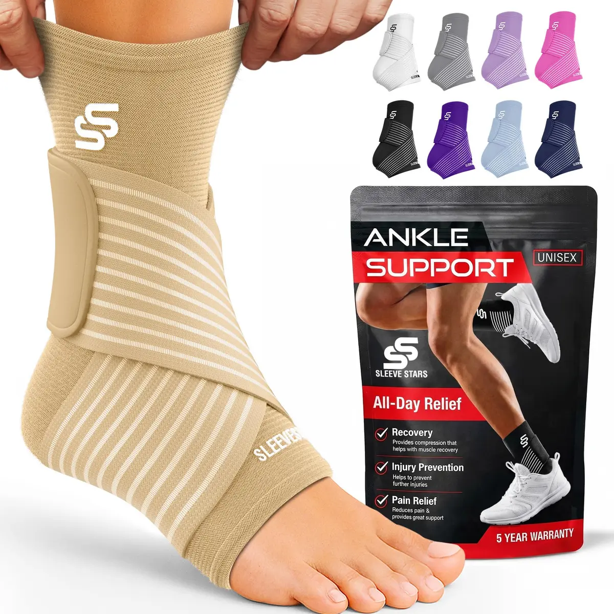 Sleeve Stars Ankle Brace for Men & Women Support, Beige Medium (10"-12") | FDA Approved Orthopedic Brace for Sprains & Pain Relief - main product image