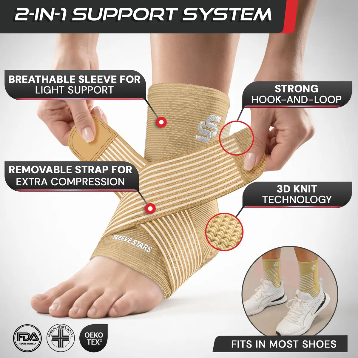 Sleeve Stars Ankle Brace for Men & Women Support, Beige Medium (10"-12") | FDA Approved Orthopedic Brace for Sprains & Pain Relief - view 3