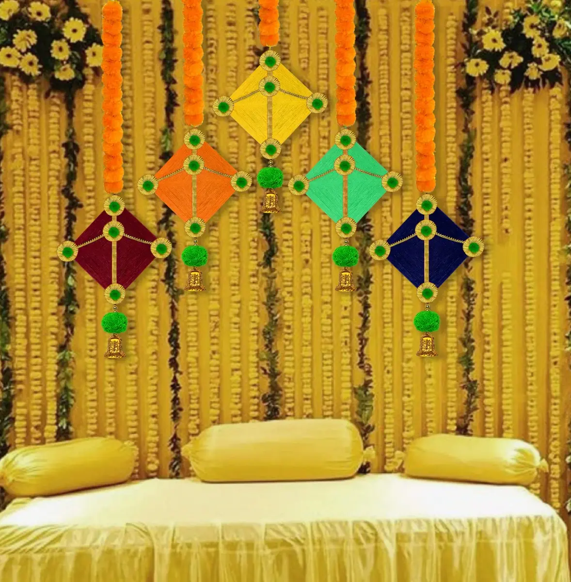iHandikart Handmade Artificial Marigold Flowers Woolen Hanging Kite Garland 45 inches Long | Pack of 10 Yellow & Light Orange - main product image