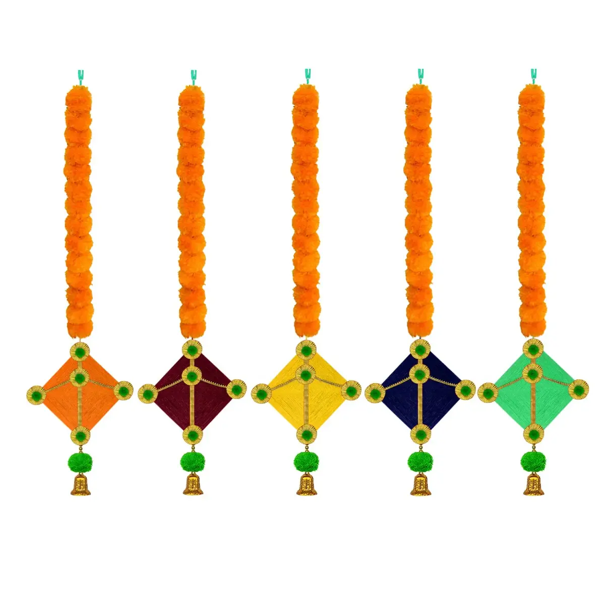 iHandikart Handmade Artificial Marigold Flowers Woolen Hanging Kite Garland 45 inches Long | Pack of 10 Yellow & Light Orange - view 2