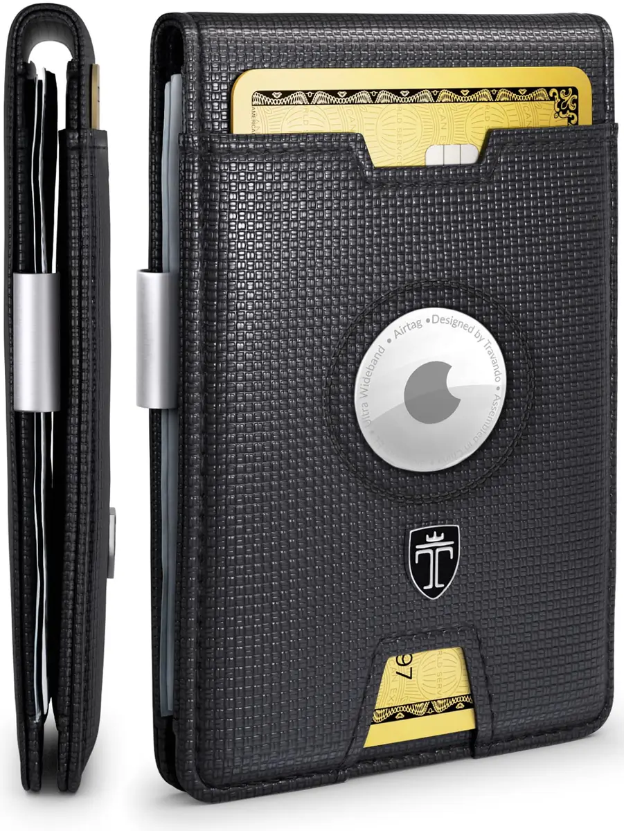 TRAVANDO AirTag Wallet with Money Clip & RFID Protection - Faux Leather Bi-Fold for 11 Cards, 109g (3.8 oz) | Black & Chess - main product image