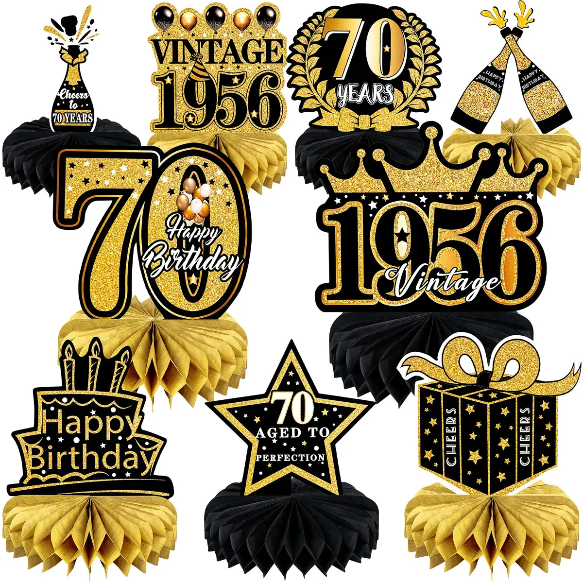 MDCGFOD 70th Birthday Decoration Pack for Men Women | Black & Gold Honeycomb Table Decor - main product image