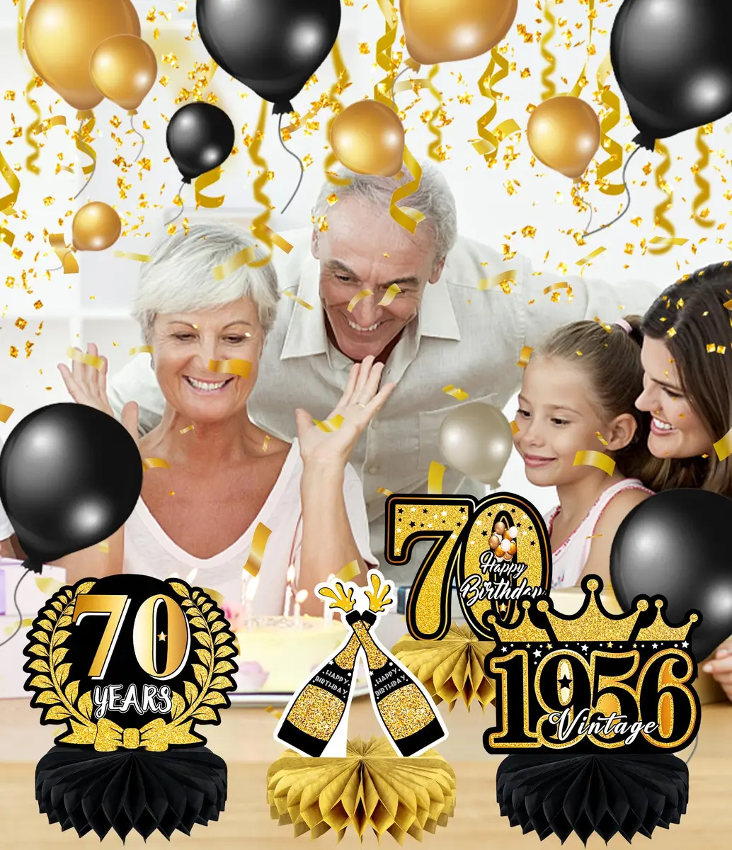 MDCGFOD 70th Birthday Decoration Pack for Men Women | Black & Gold Honeycomb Table Decor - view 3