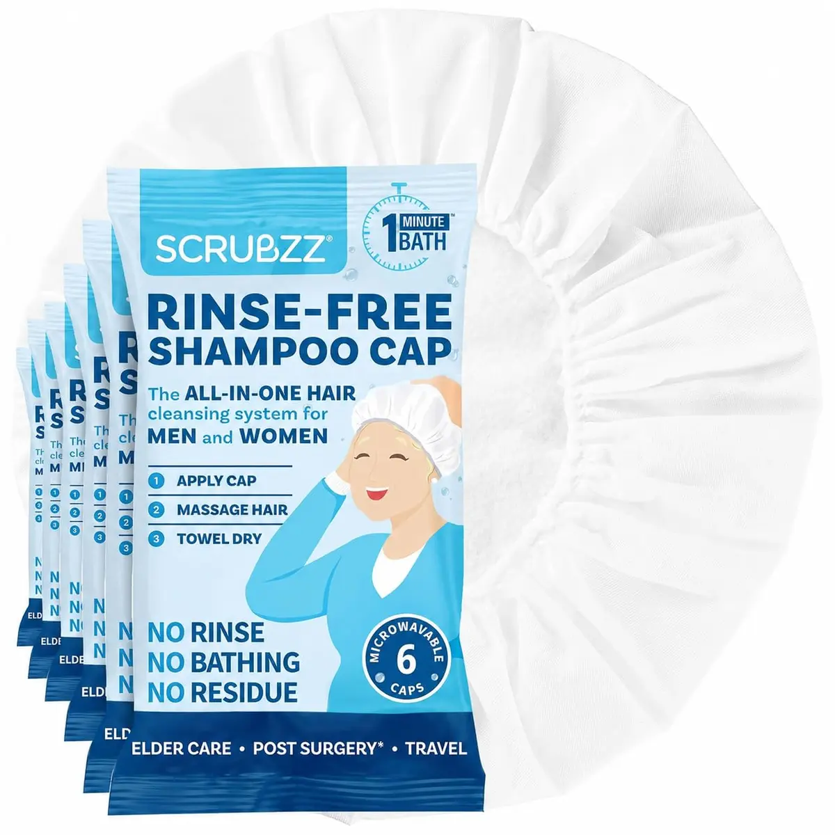 Scrubzz Rinse-Free Shampoo Caps No Rinse for Elderly & Bedridden, 6 Pack | Waterless Hair Wash Solution - main product image