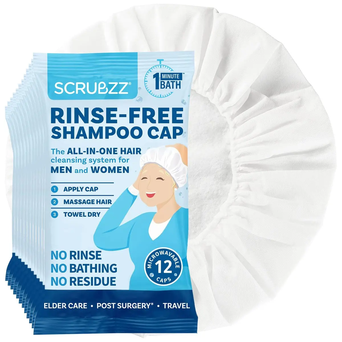 Scrubzz Rinse-Free Shampoo Caps 12 Pack | Waterless Hair Wash for Elderly & Bedridden - main product image