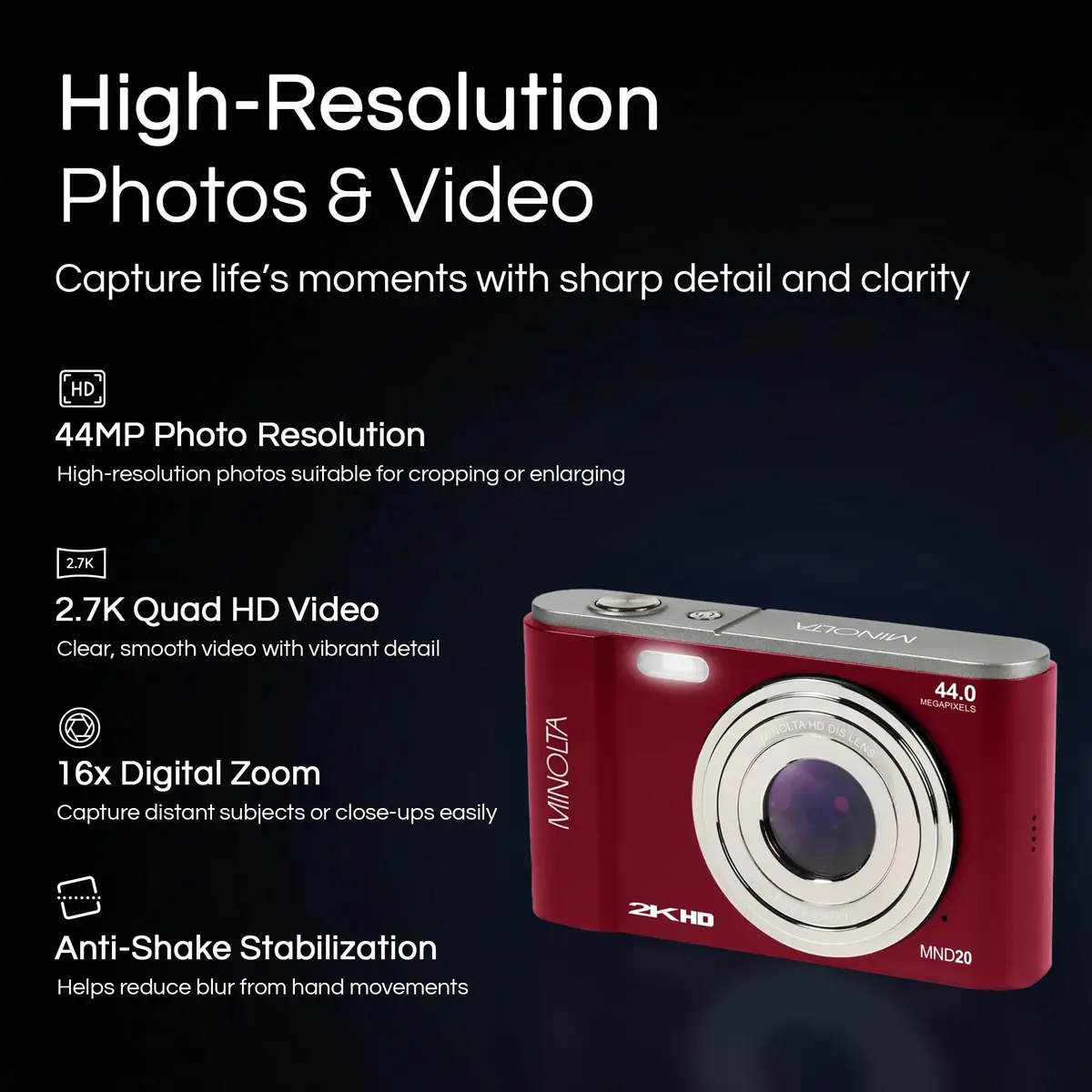 Minolta MND20 44 MP Digital Camera in Red | 2.7K Ultra HD Video & 16X Zoom - view 2