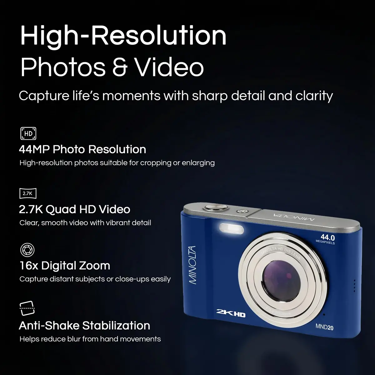 Minolta MND20 44MP Digital Camera in Blue | 2.7K Ultra HD Video & 16X Digital Zoom - view 2
