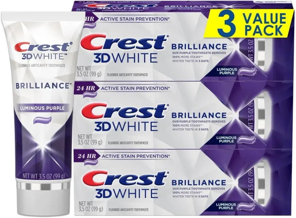 Crest 3D White Brilliance Purple Toothpaste 10.5 oz (3.5 oz Tubes) | 100% More Surface Stain Removal - main product image