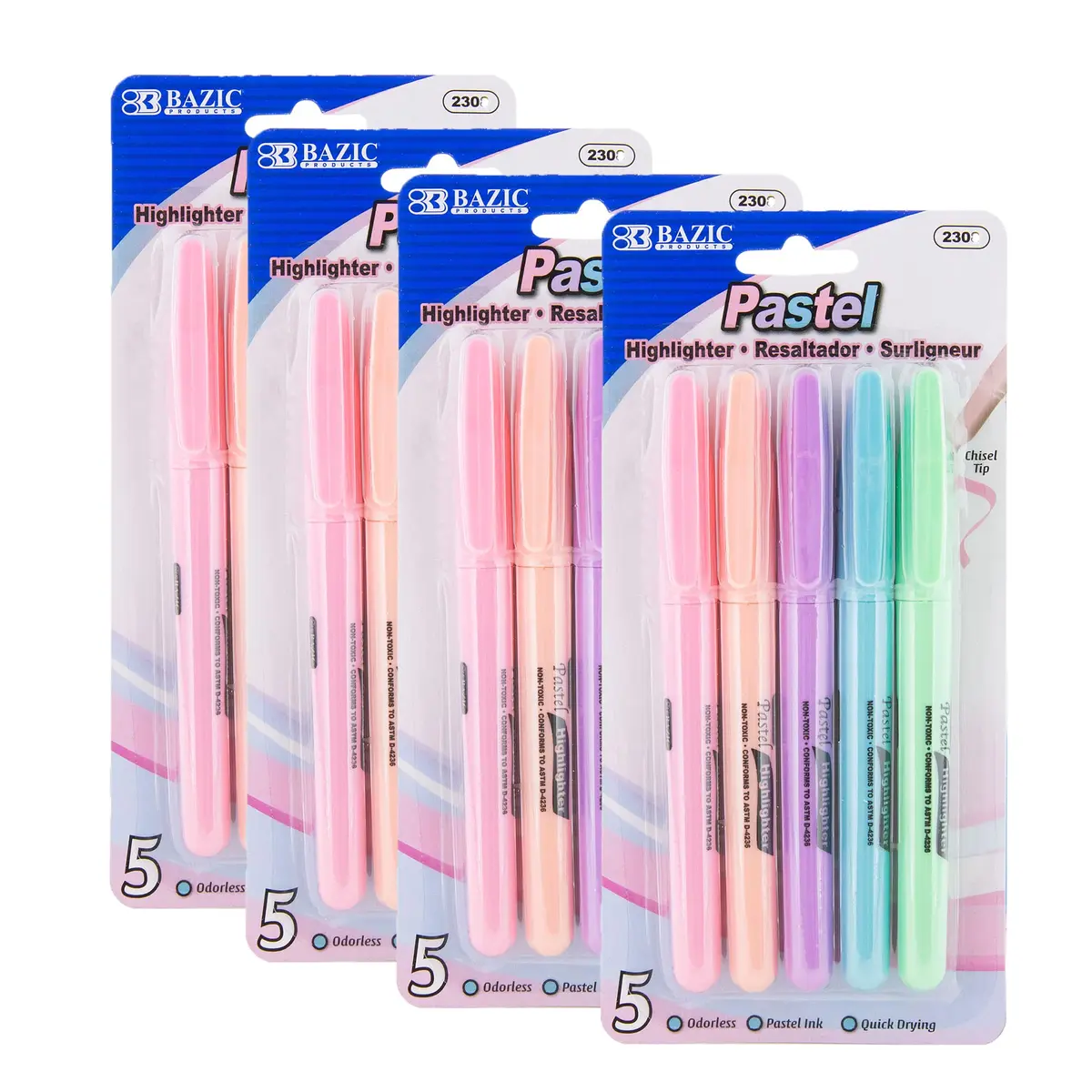 BAZIC PRODUCTS Pen Style Highlighters, Chisel Tip, Clip, 5 Count | Assorted Pastel Colors for Study & Office - main product image