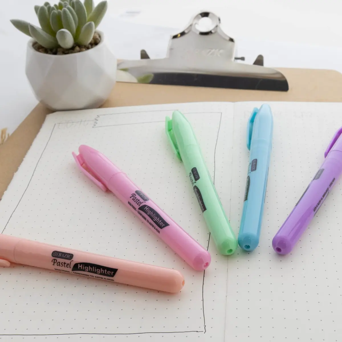 BAZIC PRODUCTS Pen Style Highlighters, Chisel Tip, Clip, 5 Count | Assorted Pastel Colors for Study & Office - view 3