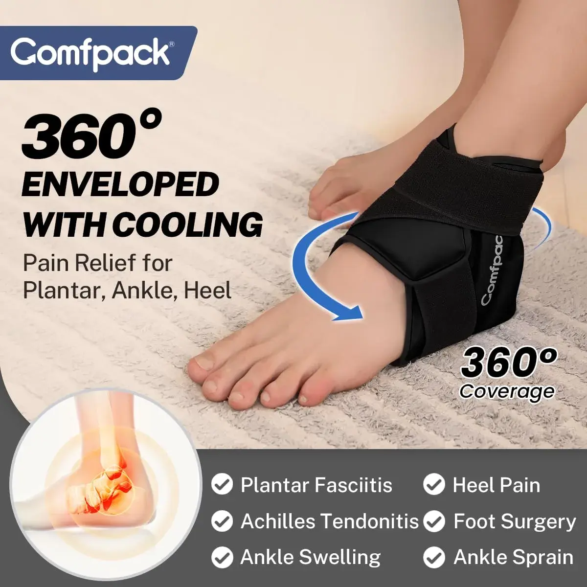 Comfpack Ankle Ice Pack Wrap for Swelling & Pain Relief | Black, One Size - view 2