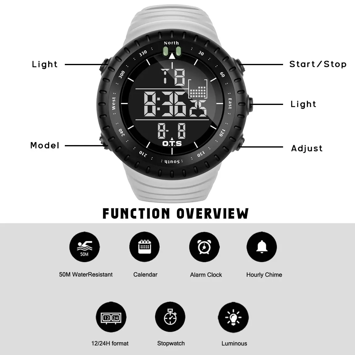 PALADA Men's Digital Sports Watch 50mm (1.97in) with LED Backlight | Water Resistant 50M - view 7
