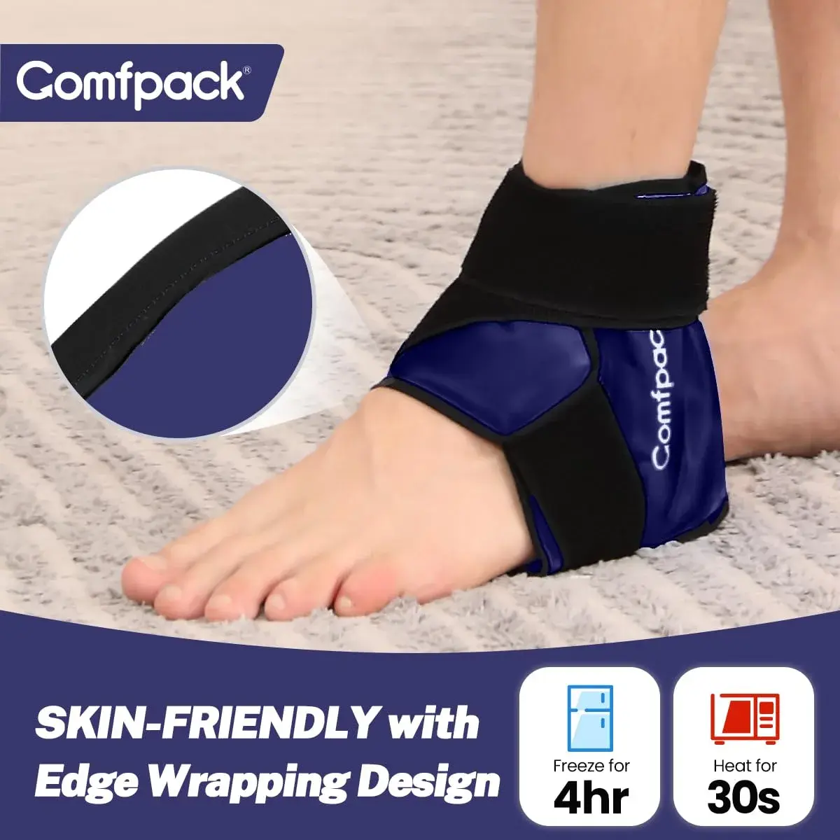 Comfpack Ankle Ice Pack Wrap with Strap for Swelling & Pain Relief, Plantar Fasciitis, Achilles Tendonitis, Foot Pain, Navy (1 Count, Gel Pack) - view 7