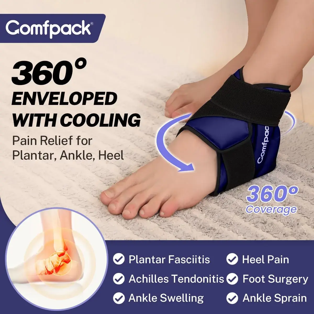 Comfpack Ankle Ice Pack Wrap with Strap for Swelling & Pain Relief, Plantar Fasciitis, Achilles Tendonitis, Foot Pain, Navy (1 Count, Gel Pack) - view 2