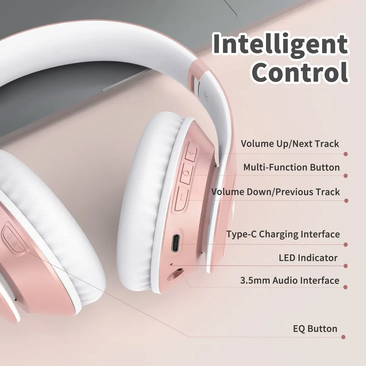 Uliptz Bluetooth Headphones Over Ear, Wireless HiFi Stereo Foldable Headset with 65H Playtime & 6 EQ Modes | Rose Gold - view 6