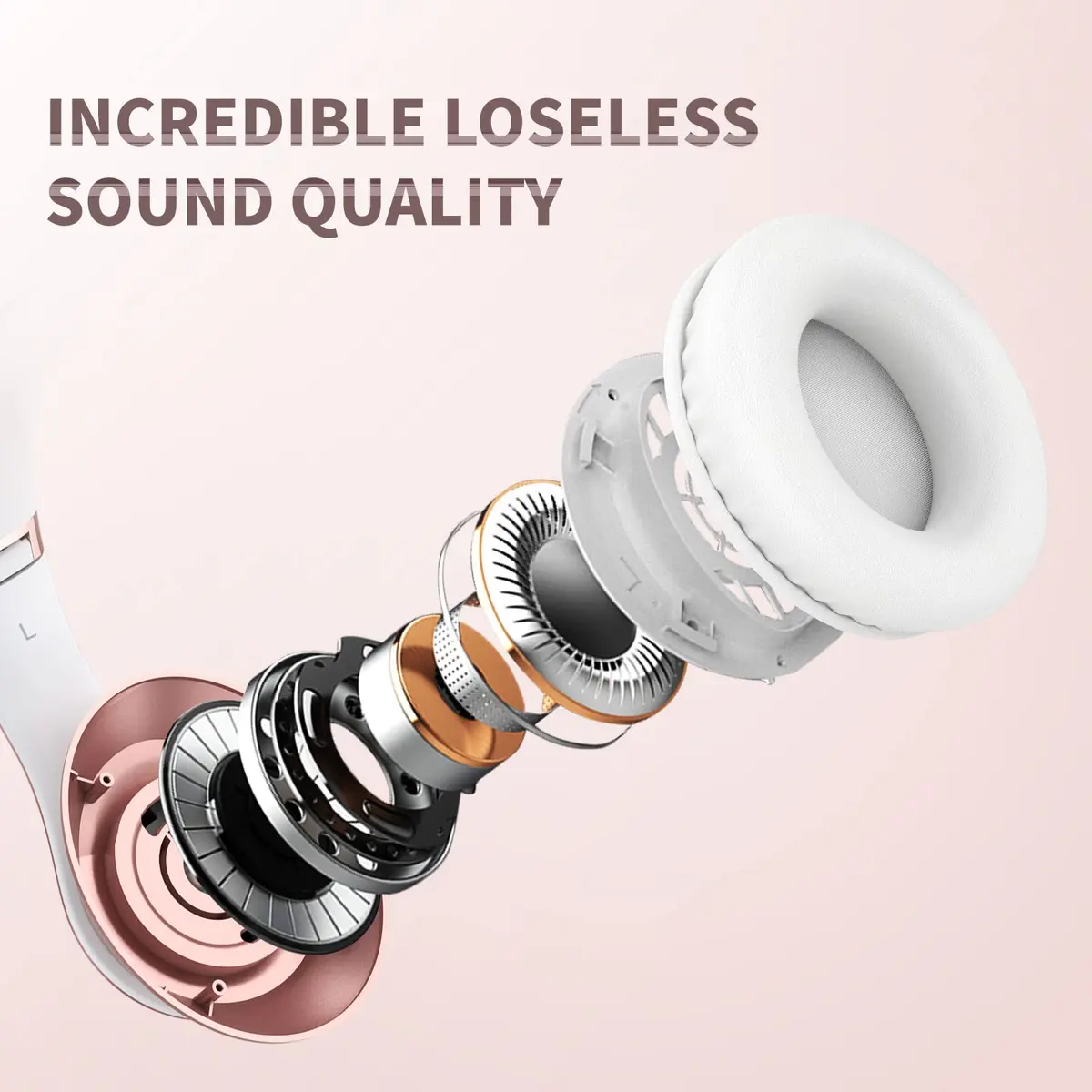 Uliptz Bluetooth Headphones Over Ear, Wireless HiFi Stereo Foldable Headset with 65H Playtime & 6 EQ Modes | Rose Gold - view 2
