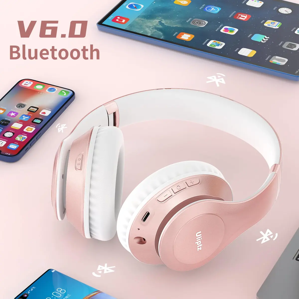 Uliptz Bluetooth Headphones Over Ear, Wireless HiFi Stereo Foldable Headset with 65H Playtime & 6 EQ Modes | Rose Gold - view 3