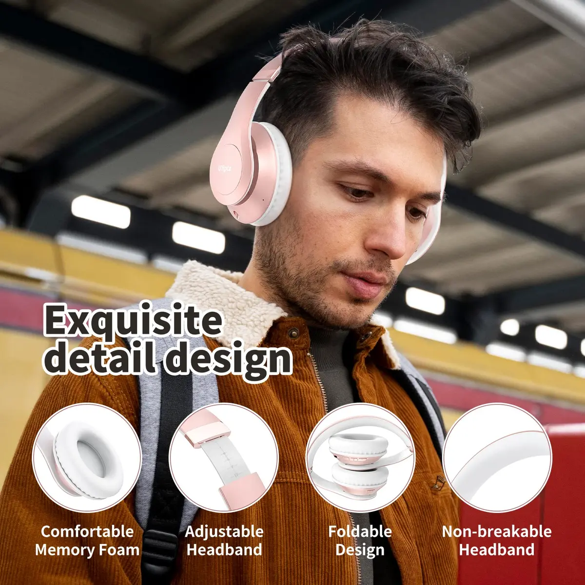 Uliptz Bluetooth Headphones Over Ear, Wireless HiFi Stereo Foldable Headset with 65H Playtime & 6 EQ Modes | Rose Gold - view 4