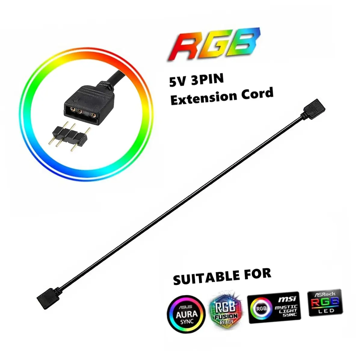 Yakuri 5V Argb 3-Pin Extension Cable 12inch | RGB Interface Extension for Motherboards - view 6