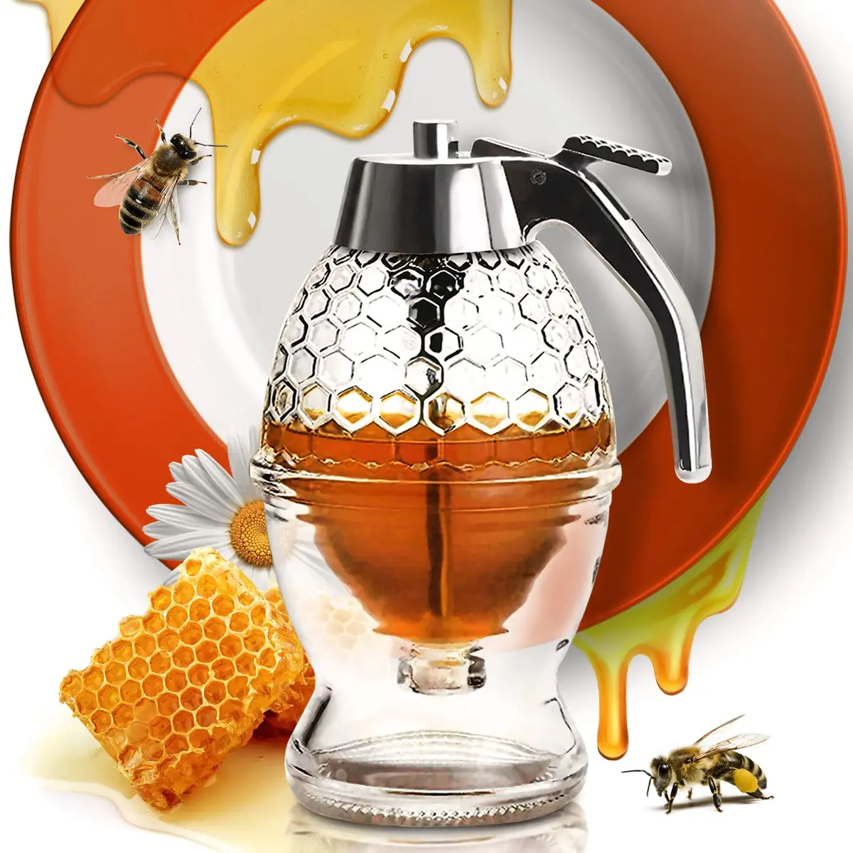 CLEVLI Glass Honey Dispenser 236ml (8 Oz) with Stand | No Drip, Easy Pour Honey Pot - main product image