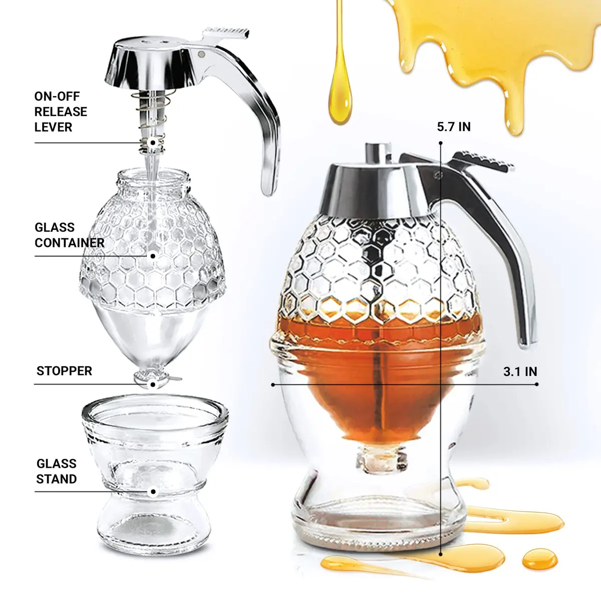 CLEVLI Glass Honey Dispenser 236ml (8 Oz) with Stand | No Drip, Easy Pour Honey Pot - view 3