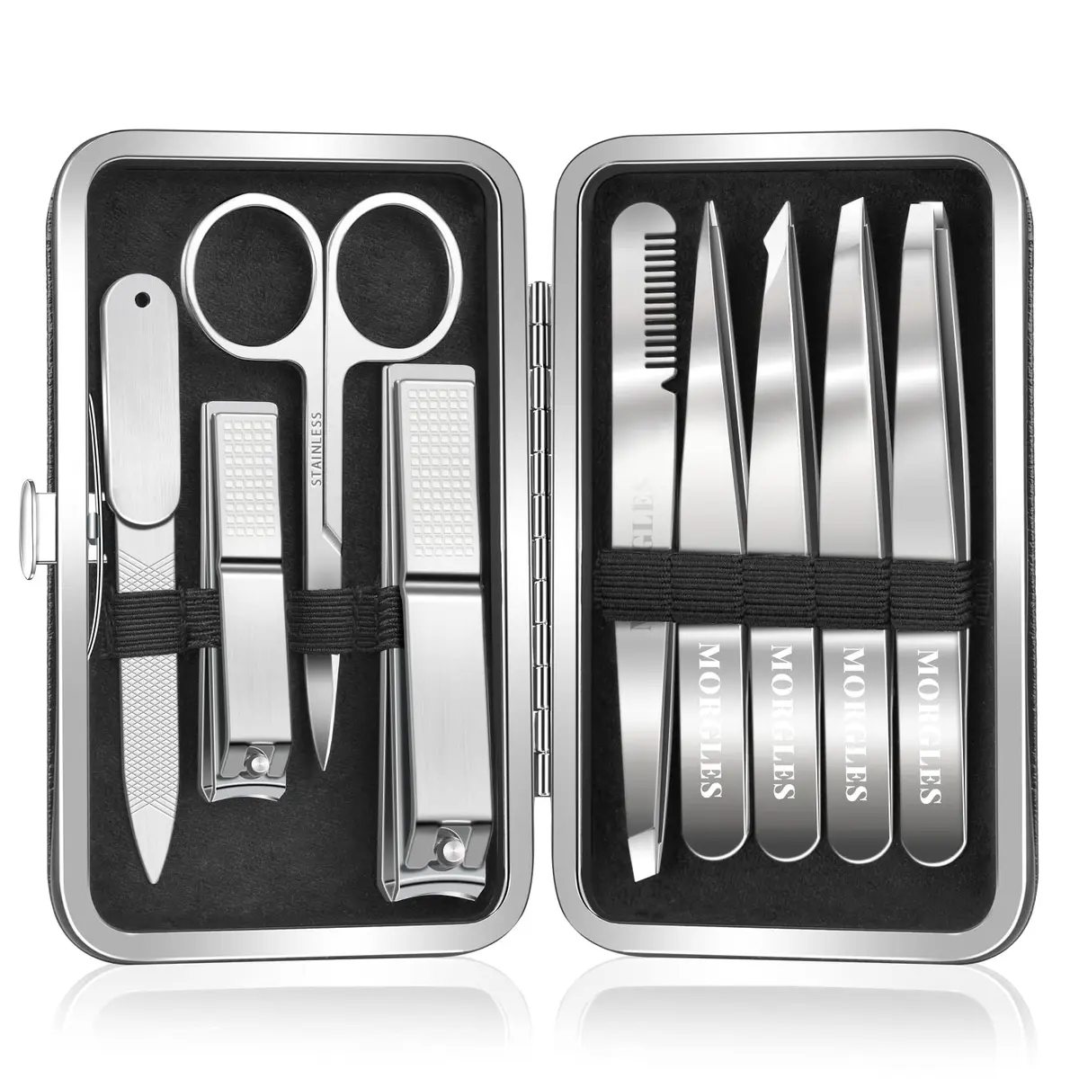 MORGLES Tweezers Set for Men 9 Pcs Nail Clipper Kit with Case for Grooming | Stainless Steel, Travel-Ready - main product image
