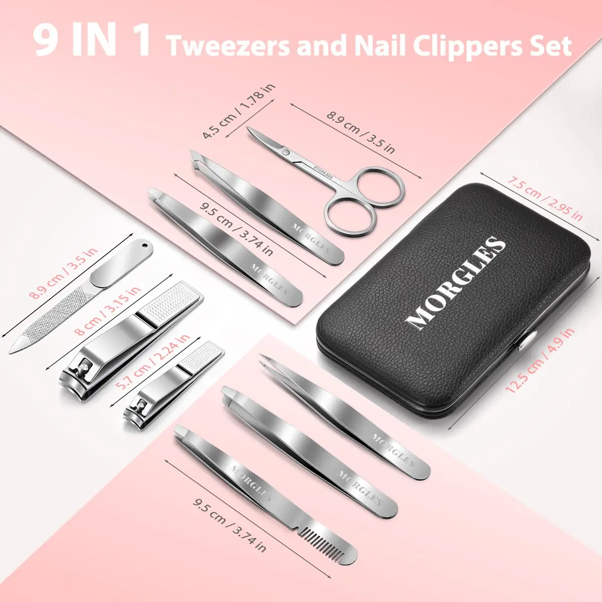 MORGLES Tweezers Set for Men 9 Pcs Nail Clipper Kit with Case for Grooming | Stainless Steel, Travel-Ready - view 7