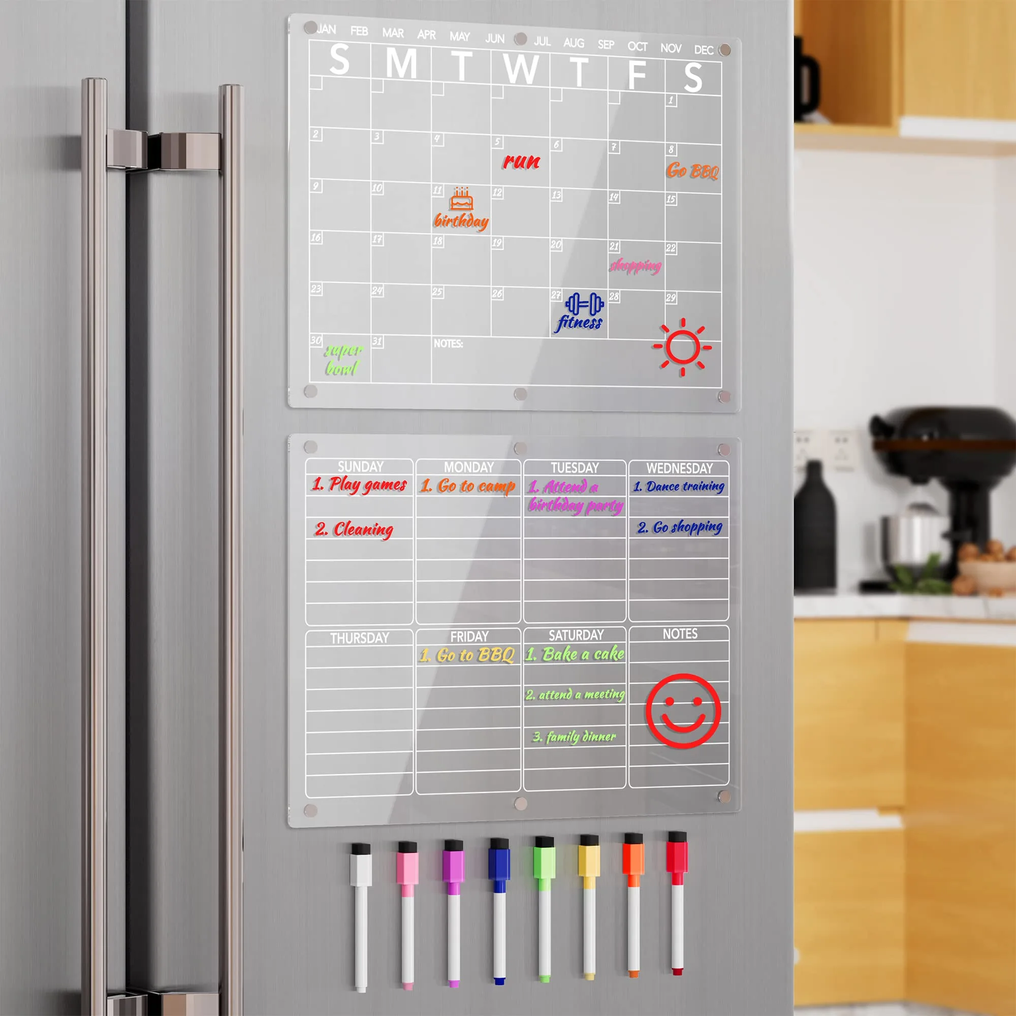 Neatsure Clear Acrylic Magnetic Dry Erase Calendar for Fridge, 15"x11" | Weekly & Monthly Planner with 8 Color Markers - main product image