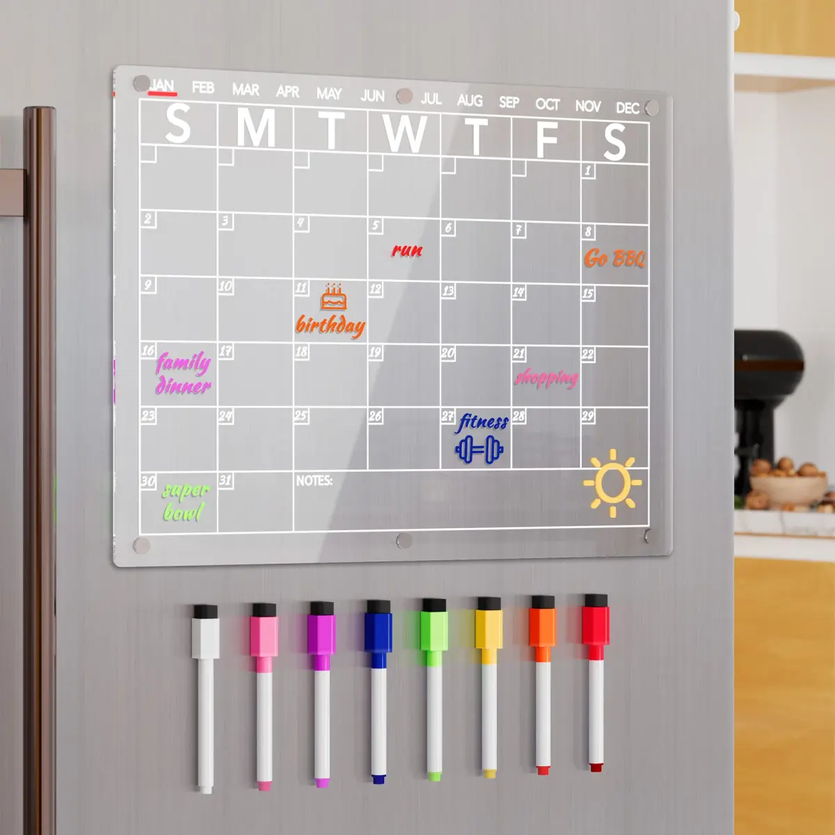 Neatsure Acrylic Magnetic Dry Erase Board Calendar for Fridge 38cm x 28cm (15"x11") | Clear Monthly Planner with 8 Markers - main product image