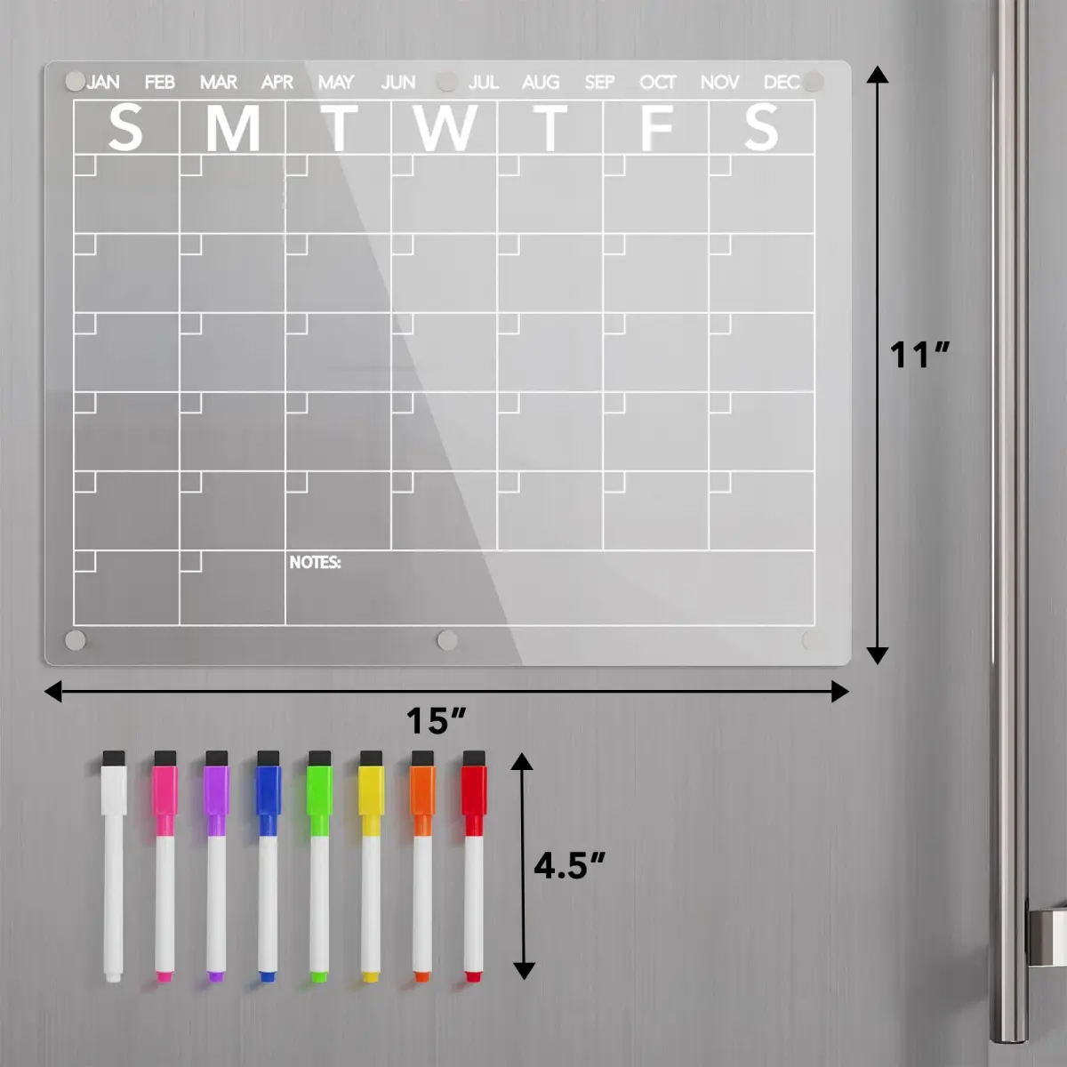 Neatsure Acrylic Magnetic Dry Erase Board Calendar for Fridge 38cm x 28cm (15"x11") | Clear Monthly Planner with 8 Markers - view 5